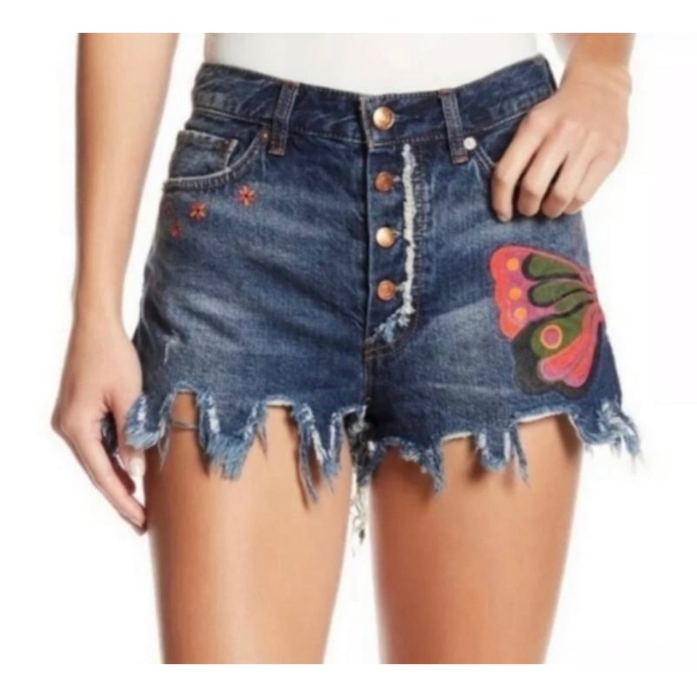 We The Free Fields of Sun Butterfly Print Distressed Denim Shorts Size 30